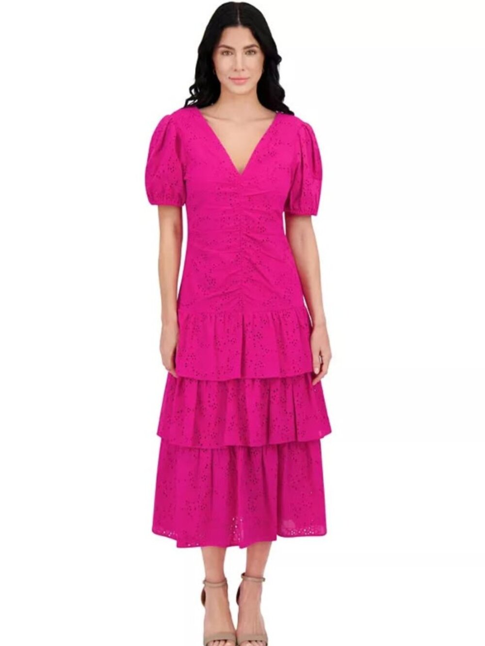 Kensie Embroidered Layered Puff-Sleeve Maxi Dress in Pink Size 14